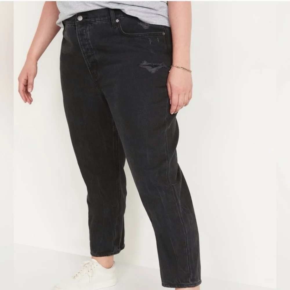 Old Navy High Rise Slouchy Straight Jean Plus Size 24 Black Distress Button NWT